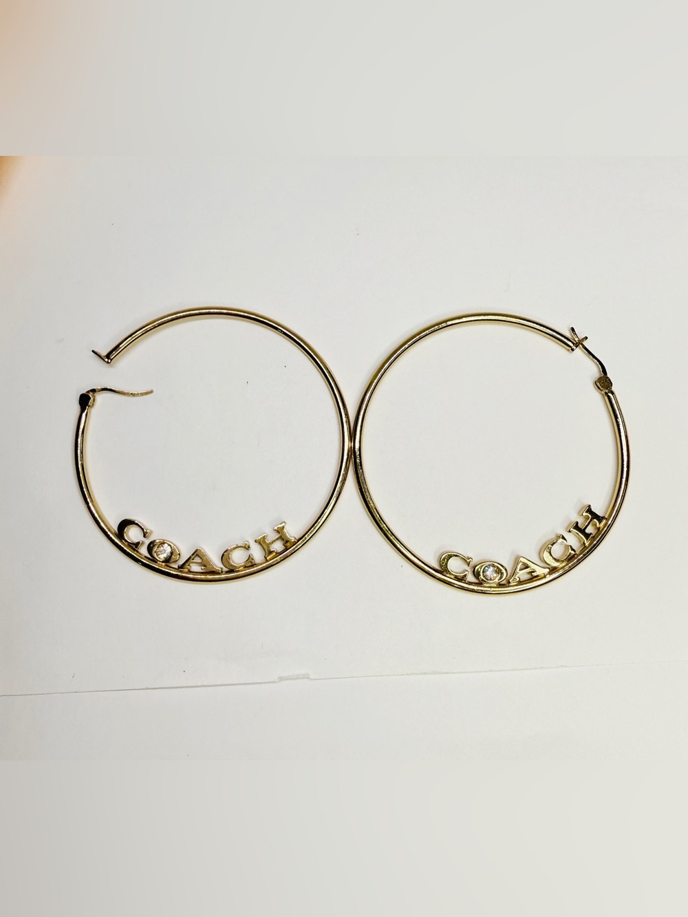Coach Logo Script Pierce Hoop Earrings Gold-Tone & Clear Rhinestone - Picture 3 of 12
